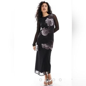 & Other Stories Mesh Sleeve Midi Dress Black Floral XSmall